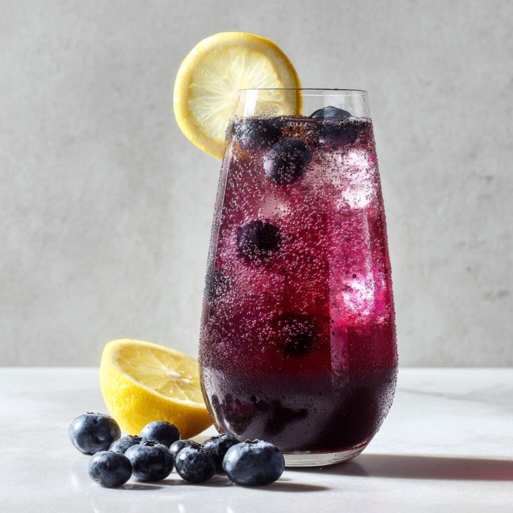 Refreshing blueberry wine spritzer with sparkling water, lemon, and fresh blueberries in tall glass