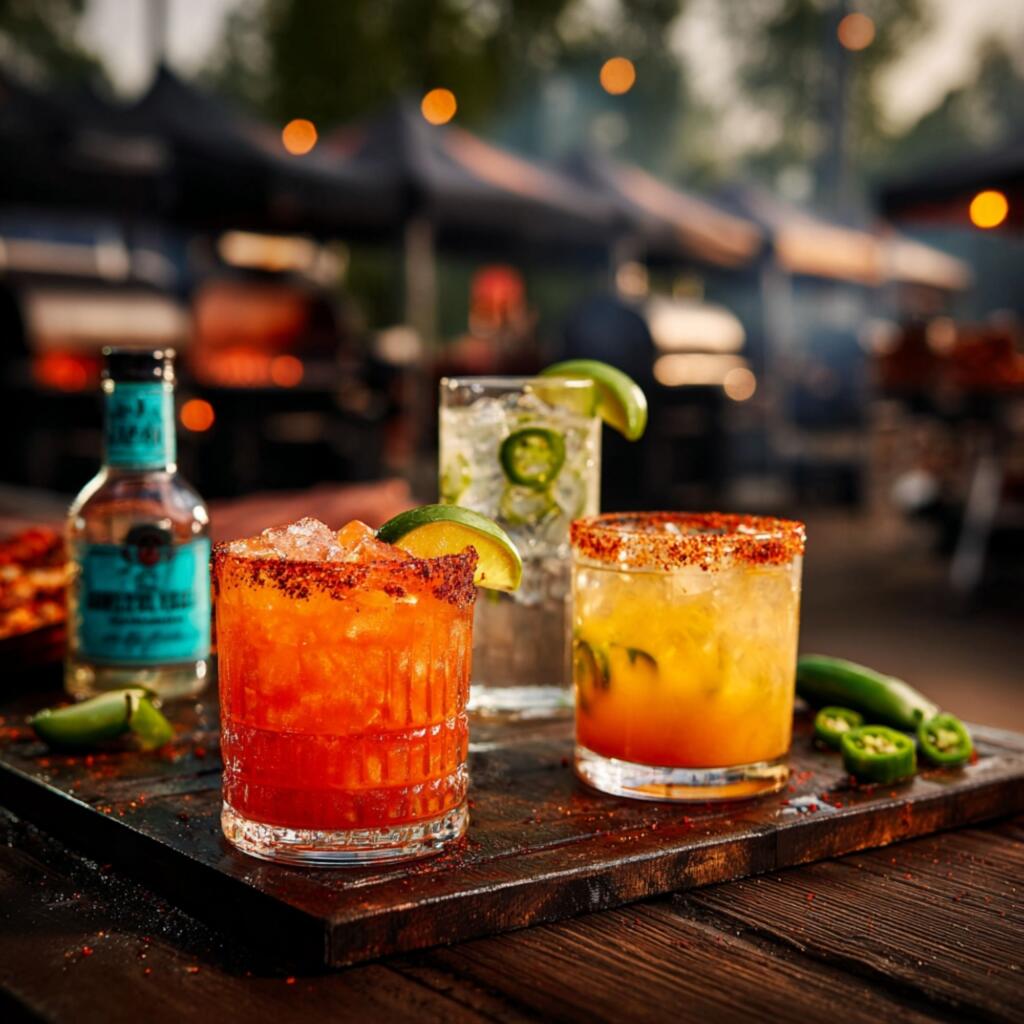 Three spicy tequila cocktails for Texas BBQ competitions: chili margarita, mango heatwave, and ranch water with jalapeños