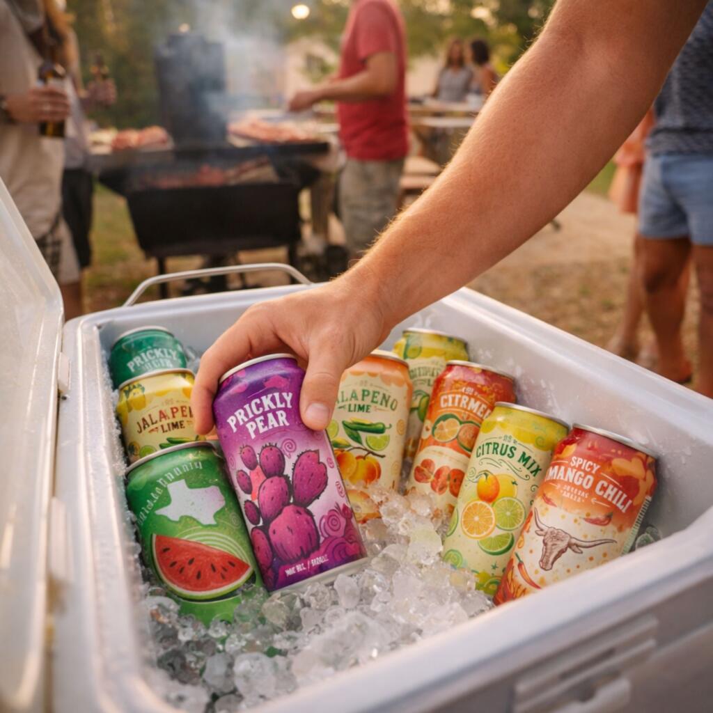 Person selecting hard seltzer from cooler at Texas BBQ party with friends