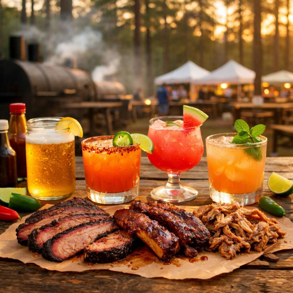 East Texas BBQ competition in Palestine with sweet and spicy cocktails, brisket, ribs, and pulled pork at outdoor cookout