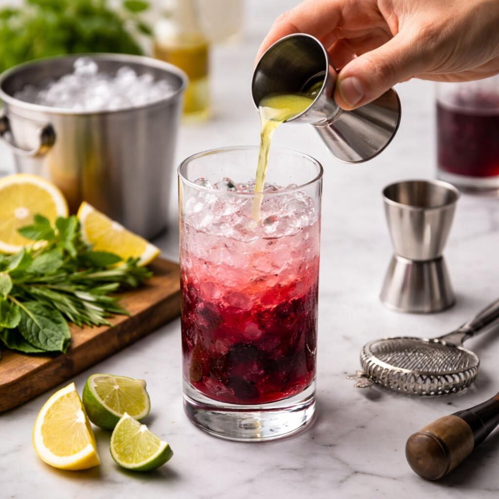 Fresh citrus juice being added to fruit wine cocktail with herbs and ice, demonstrating proper mixing technique