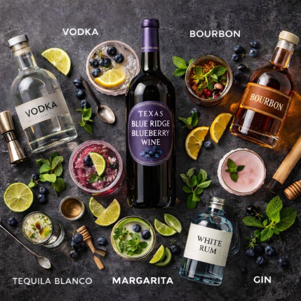 Vodka, whiskey, tequila, rum, and gin bottles arranged with fruit wines for cocktail pairing guide