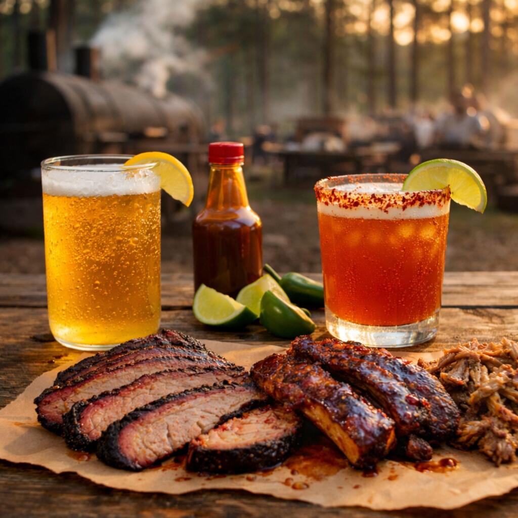 Honey beer cocktails paired with Texas BBQ brisket and ribs, sweet and spicy drinks for East Texas cookouts