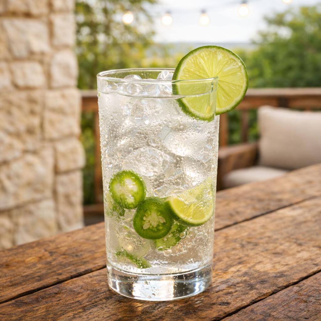 Spicy jalapeño Ranch Water cocktail with fresh jalapeño slices and lime in tall glass
