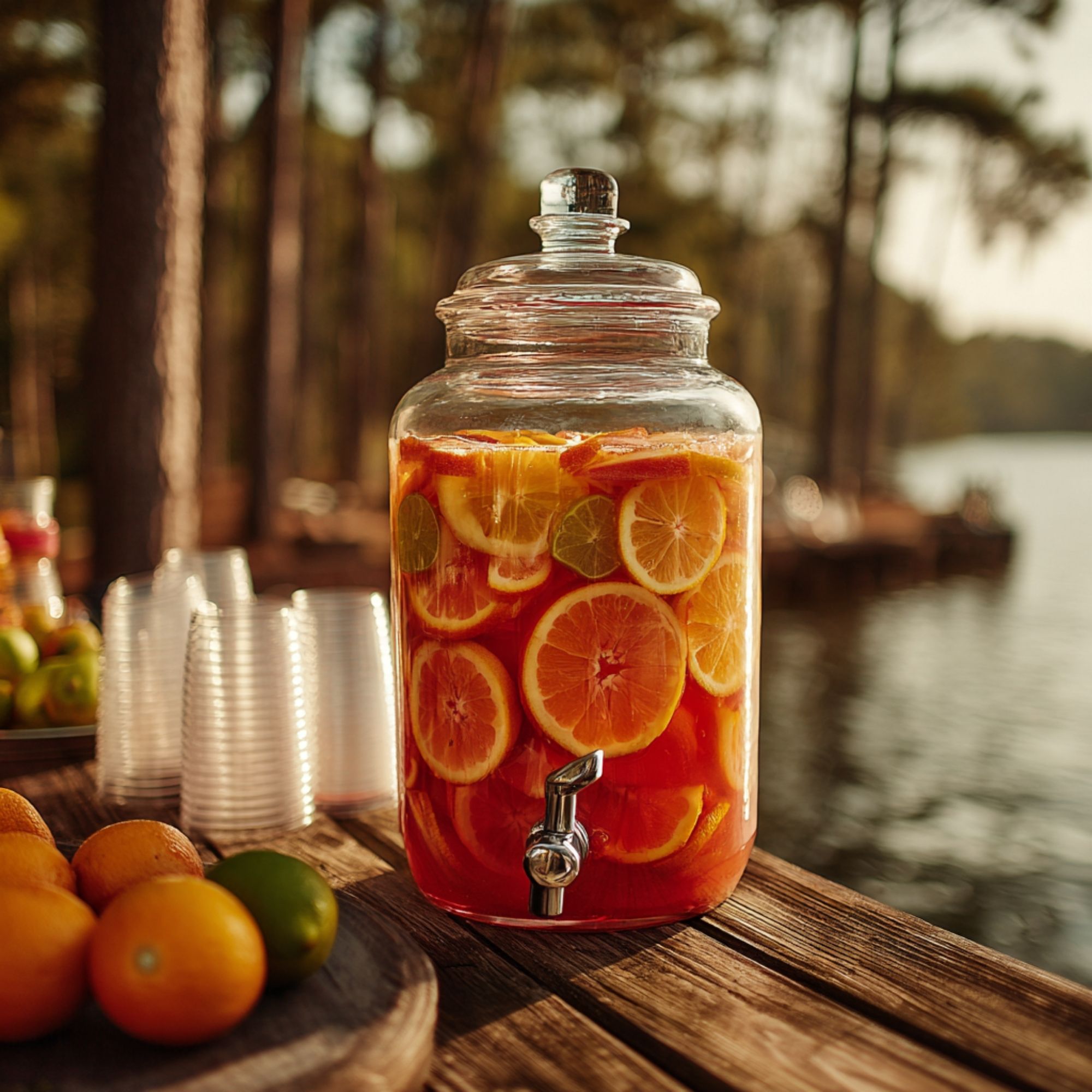 Large pitcher of colorful party punch on boat dock with Lake Conroe in background, Woodlands, Texas