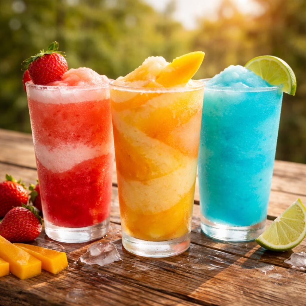 Faster Than a Drive to Lufkin: Nacogdoches' 6-Minute Cocktail Stop for SFA Game Days Colorful layered frozen daiquiris in three glasses showing strawberry, mango, and blue flavors