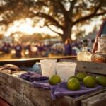Frozen margarita in purple SFA Lumberjacks cup with lime garnish and Nacogdoches, Texas, background