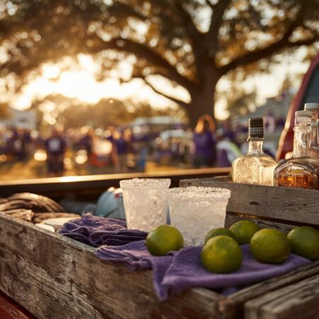 Frozen margarita in purple SFA Lumberjacks cup with lime garnish and Nacogdoches, Texas, background