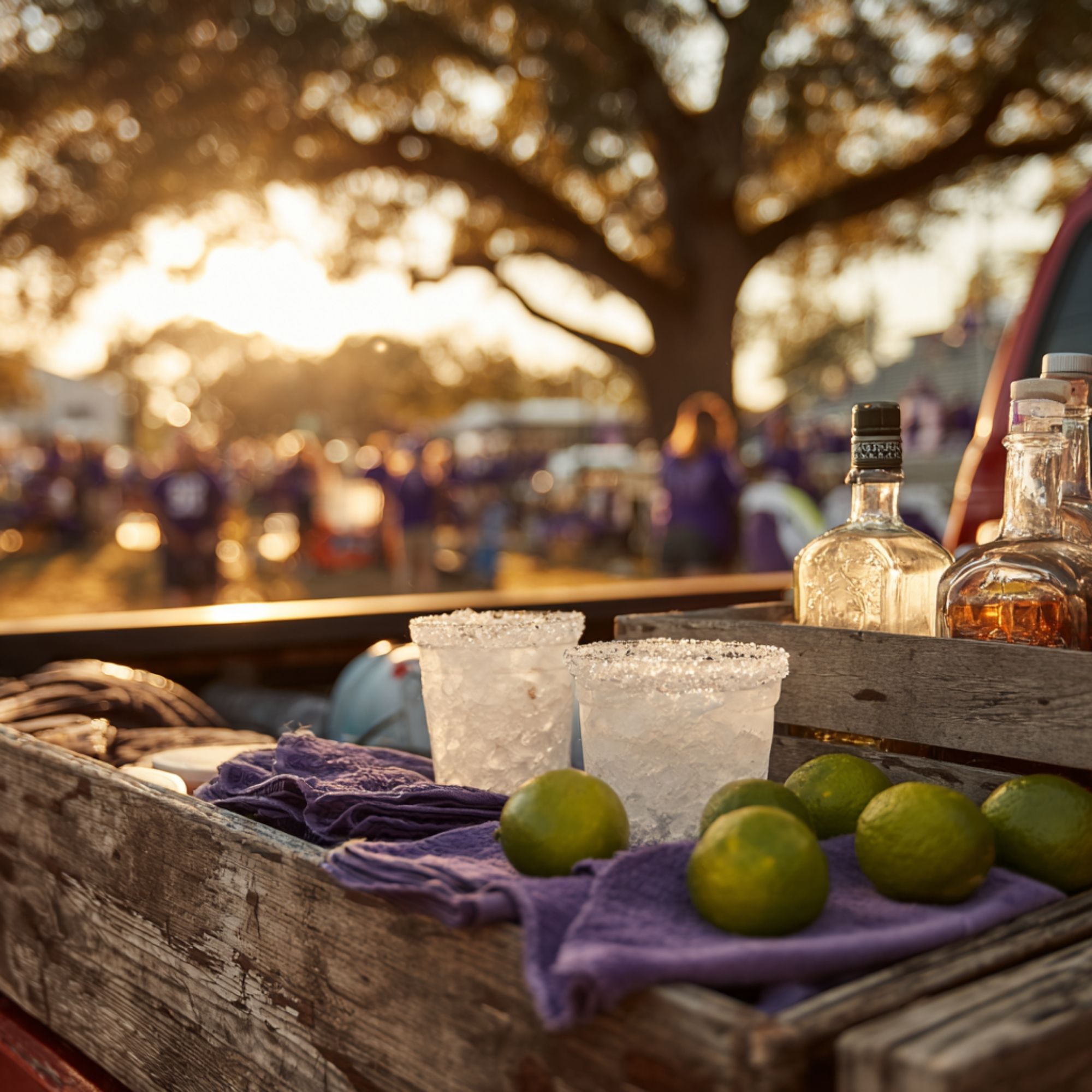Frozen margarita in purple SFA Lumberjacks cup with lime garnish and Nacogdoches, Texas, background