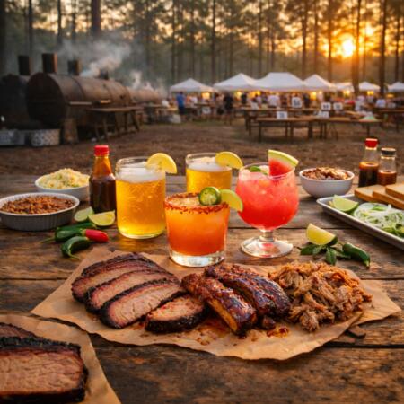 Sweet and spicy Texas cocktails with honey beer and chili margaritas paired with East Texas BBQ brisket and ribs at outdoor competition