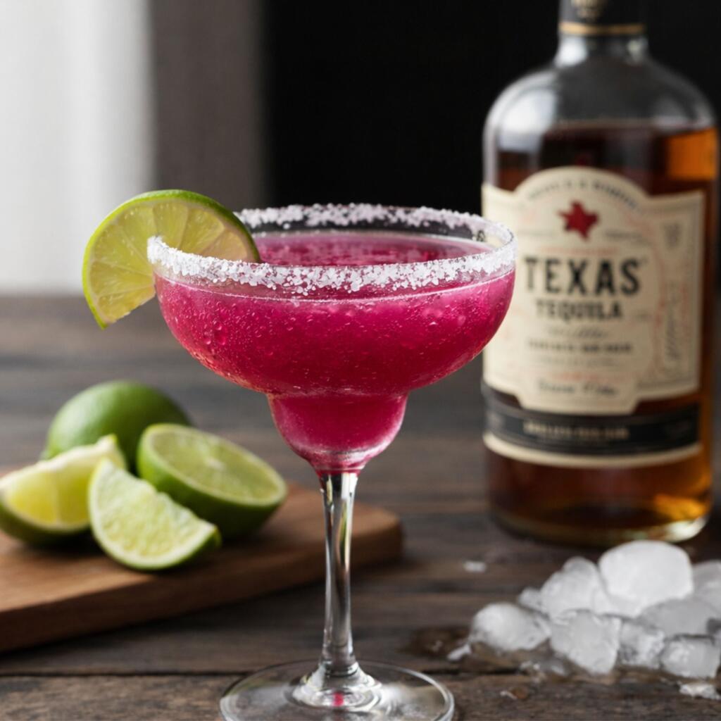 Top 10 Texas-Inspired Cocktails Using Only Local Spirits and Mixers Bright pink prickly pear margarita in salt-rimmed glass with lime wheel garnish