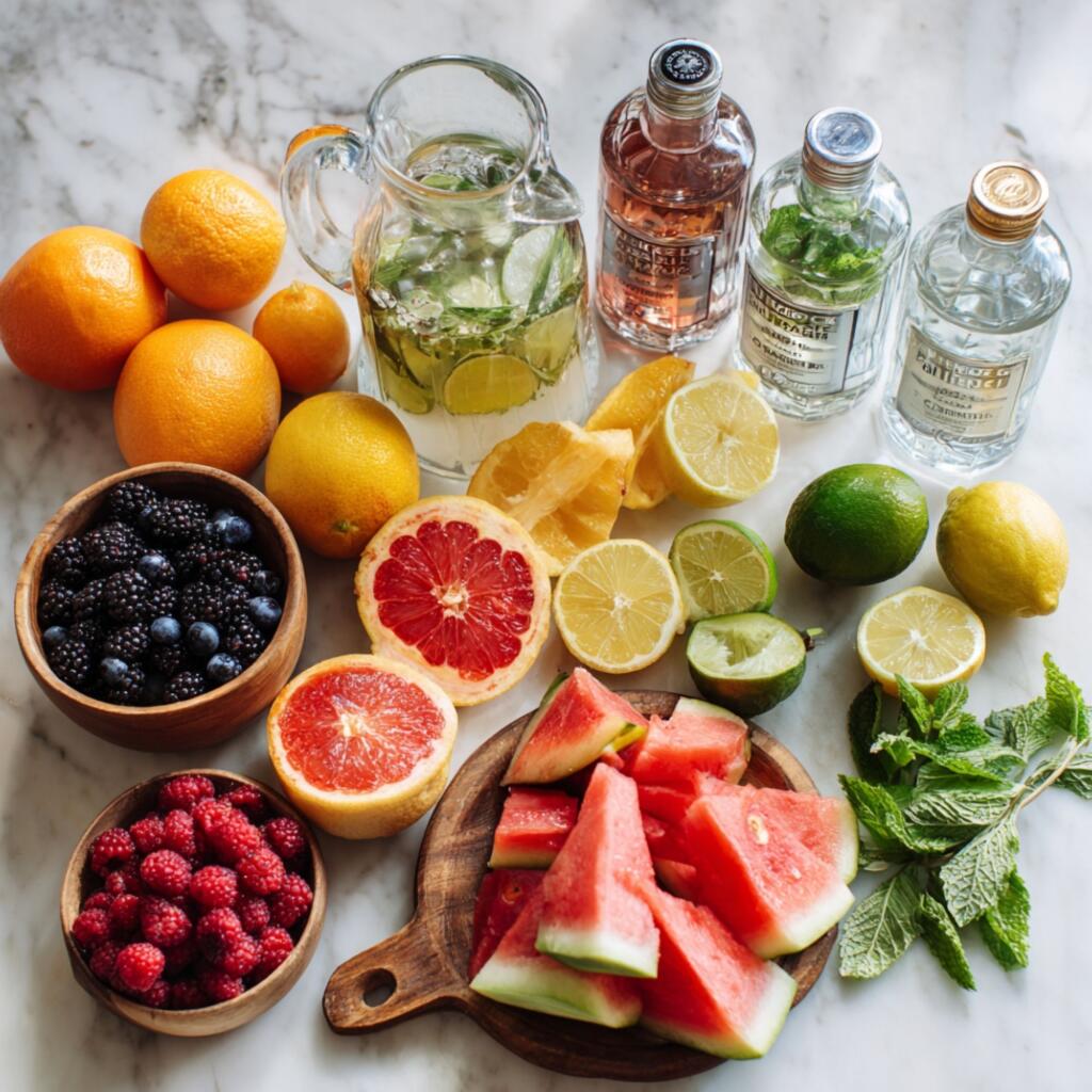 Lake Conroe Party Planning Starts at Zipps Woodlands: Big-Batch Cocktails for Boat Days and Lakehouse Weekends Party punch ingredients with fresh citrus fruit bottles of spirits and mixers on kitchen counter