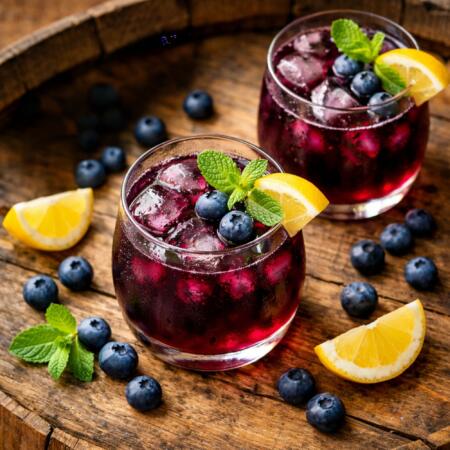 Texas blueberry wine in glasses with fresh blueberries and cocktail ingredients on rustic wooden table
