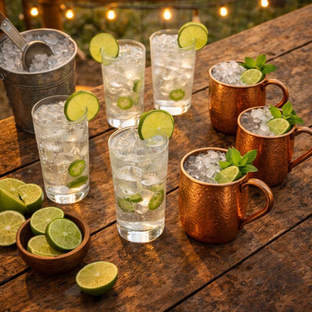 Outdoor Texas gathering with Ranch Water and Texas Mule cocktails on table with lime garnishes