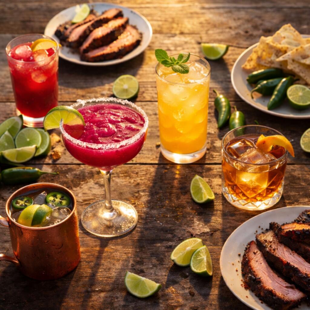 Top 10 Texas-Inspired Cocktails Using Only Local Spirits and Mixers Texas cocktails served alongside barbecue brisket, ribs, and Tex-Mex food on rustic table
