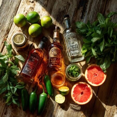 Texas cocktail ingredients including prickly pear syrup, jalapeños, local honey, and craft spirits on rustic wood bar