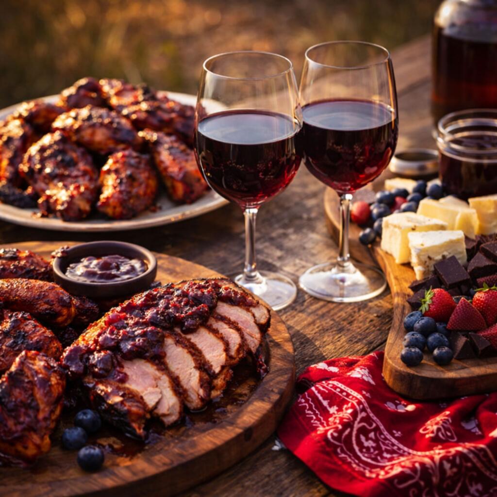 Texas BBQ chicken and pork served with blueberry wine, cheese board, and grilled meats for wine pairing