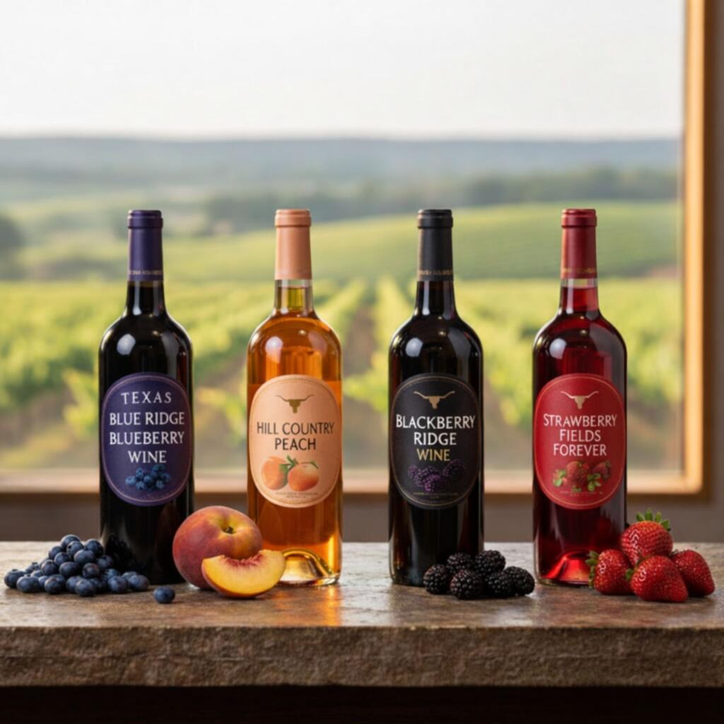 Variety of Texas fruit wines, including blueberry, peach, blackberry, and strawberry wines, displayed together
