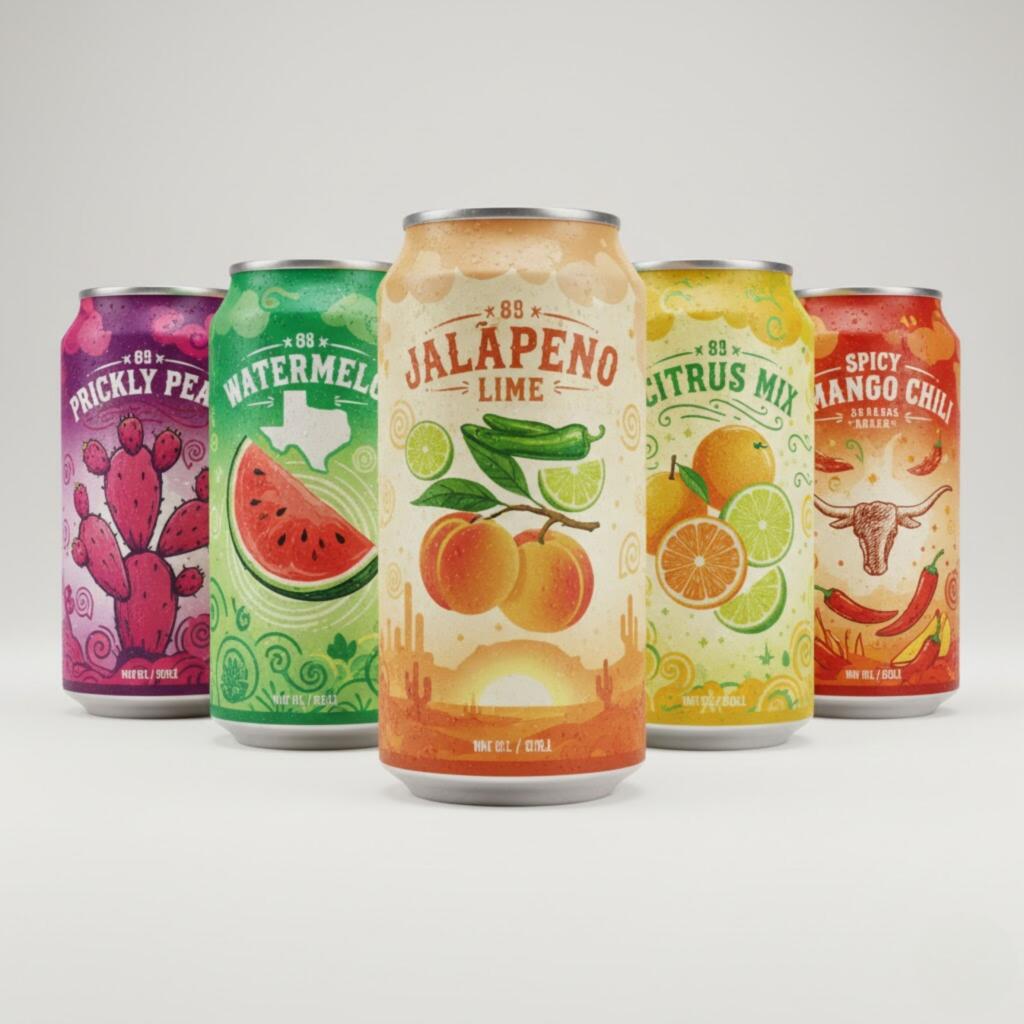 Variety of Texas hard seltzer flavors, including prickly pear, watermelon, and jalapeño lime 