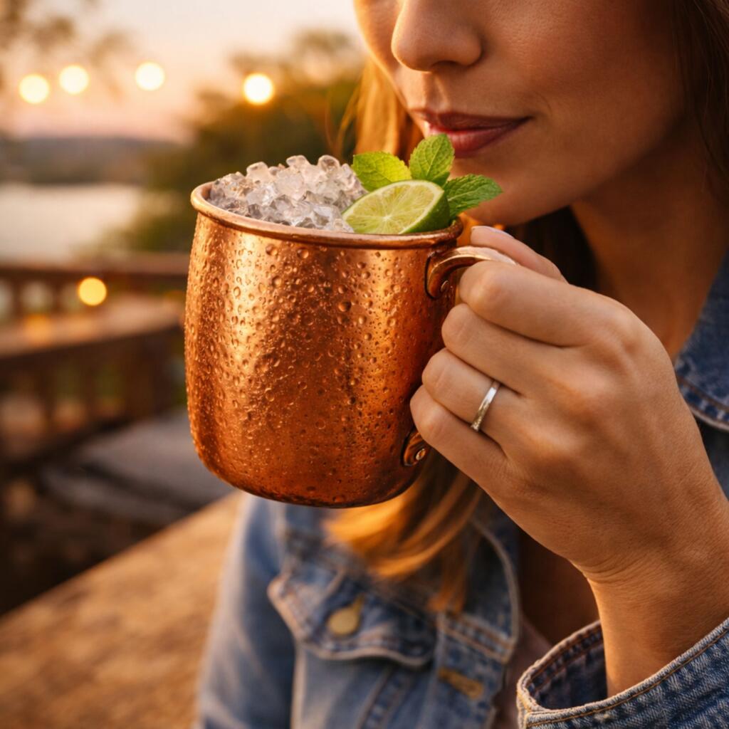 Texas Mule vodka cocktail in copper mug with ginger beer, lime, and fresh mint garnish
