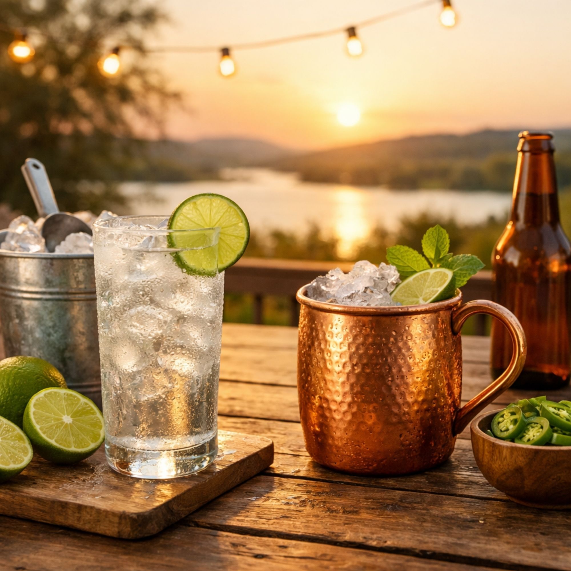 Texas Ranch Water in a tall glass and Texas Mule in a copper mug on a rustic wooden table at sunset, garnished with fresh lime and mint, overlooking a lake with warm golden evening light.