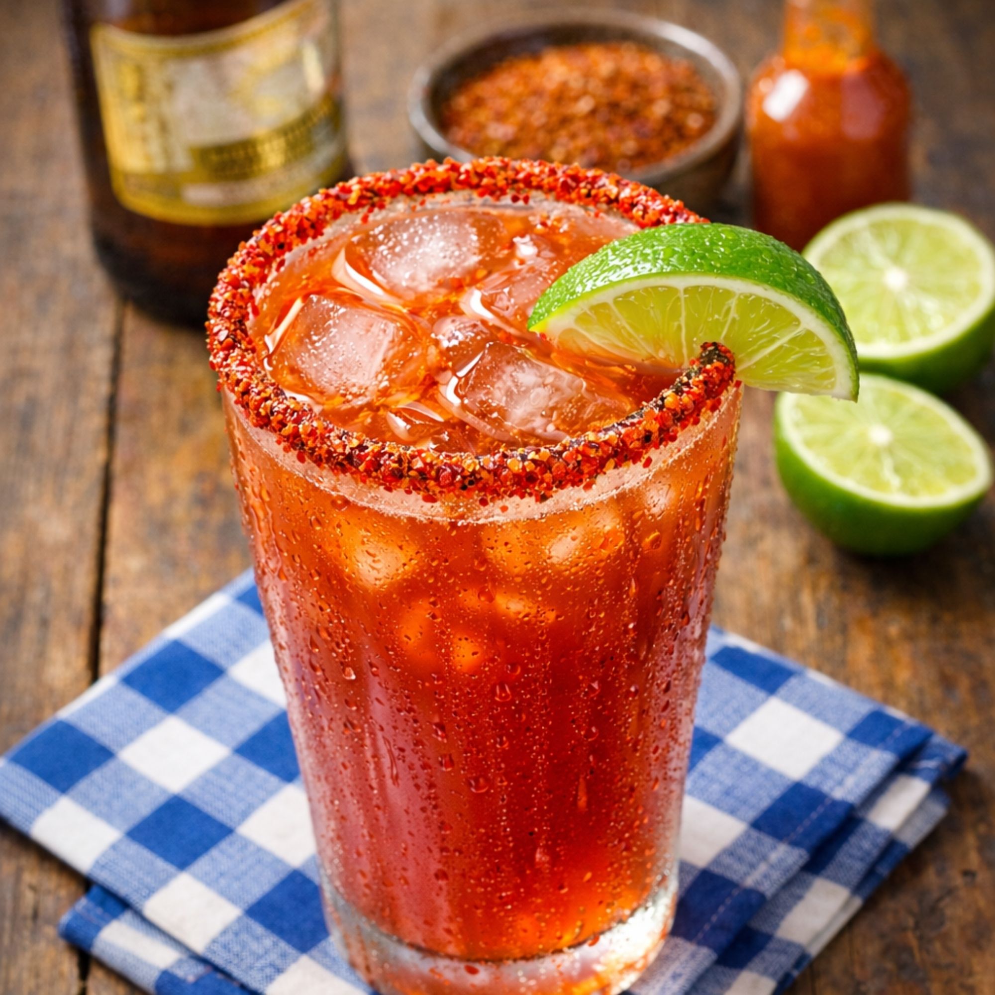 Texas Red Beer cocktail in frosted glass with Tajin chili salt rim, lime wedge, and cold lager beer