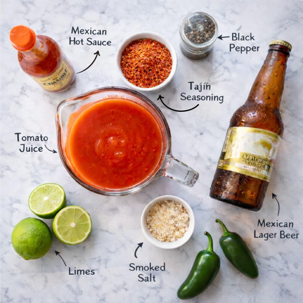 Texas Red Beer ingredients including tomato juice, hot sauce, Worcestershire sauce, Tajin seasoning, and lime for spicy beer cocktail