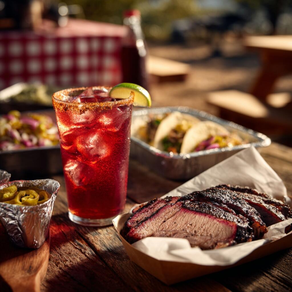 Texas Red Beer served alongside BBQ brisket and breakfast tacos, showing authentic Texas food and drink pairing
