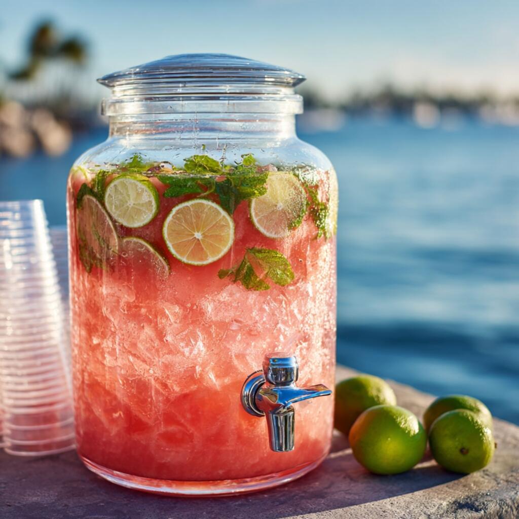 Lake Conroe Party Planning Starts at Zipps Woodlands: Big-Batch Cocktails for Boat Days and Lakehouse Weekends Watermelon ranch water punch in glass dispenser with fresh lime and mint garnish Texas lake party