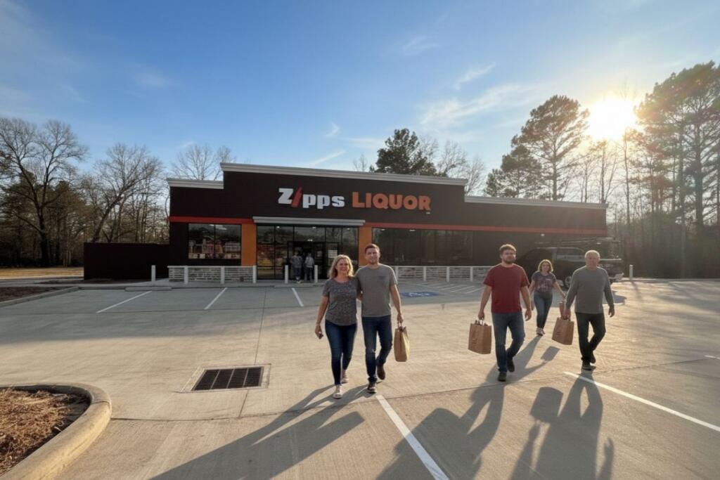 Customers happily exiting the Zipps Liquor store in Quitman Texas on a sunny afternoon
