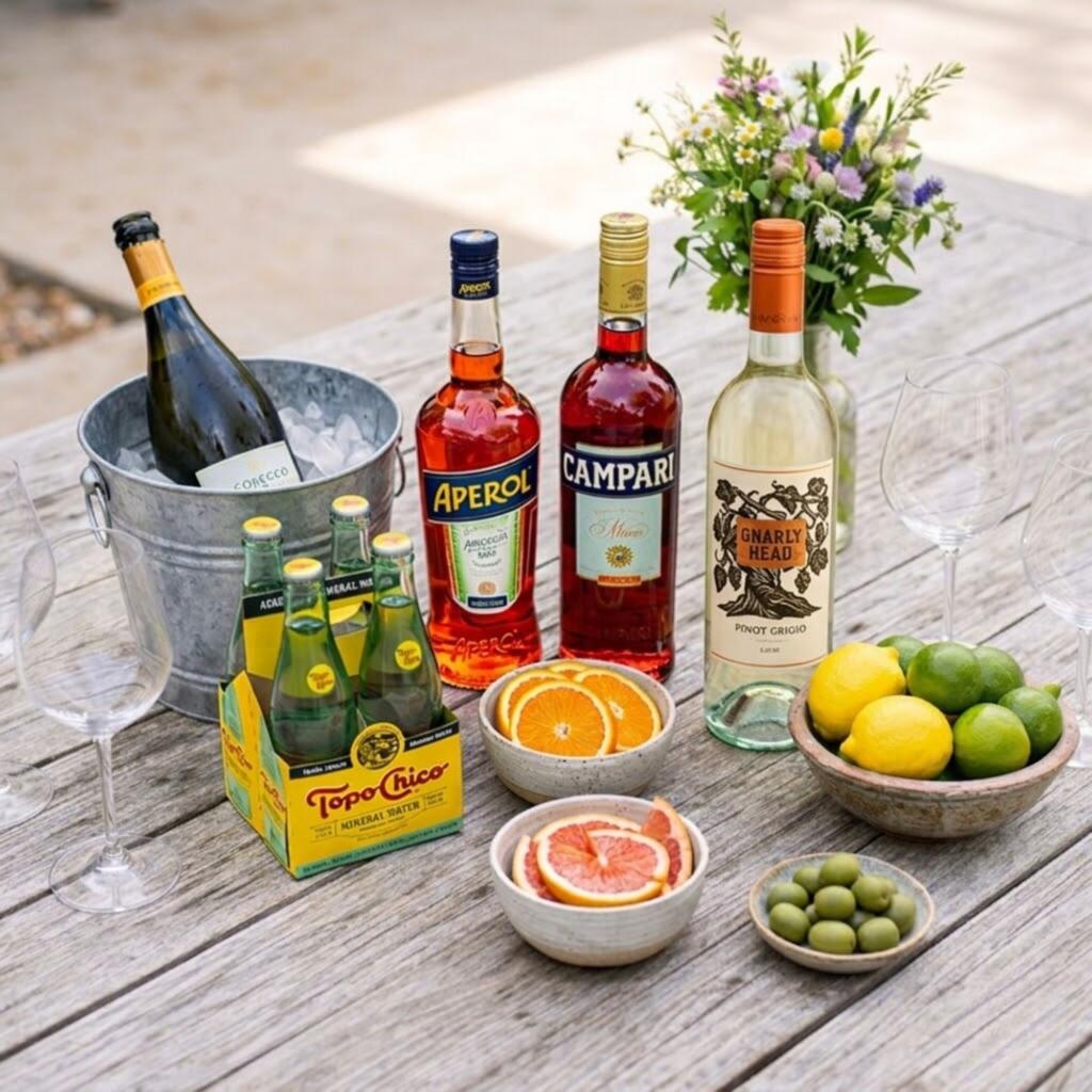 Aperol, Campari, and Pinot Grigio with citrus, prosecco, and Topo Chico for making spritzes
