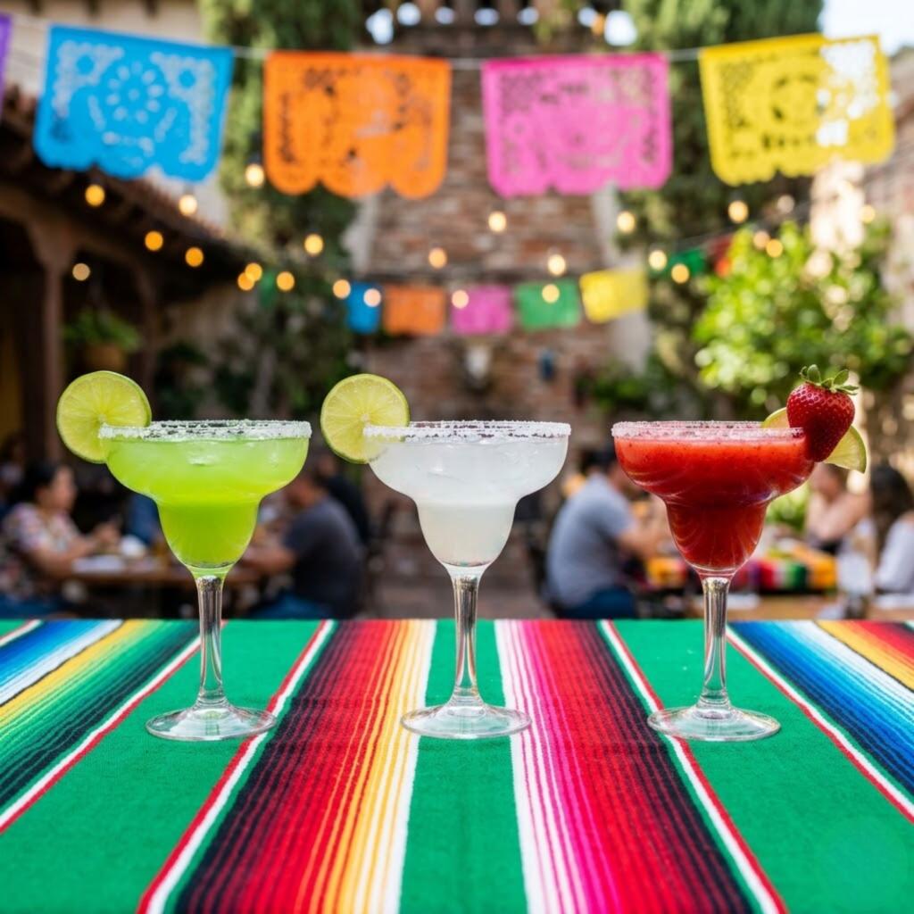 Three margaritas in Mexican flag colors green, white, and red for Cinco de Mayo celebration