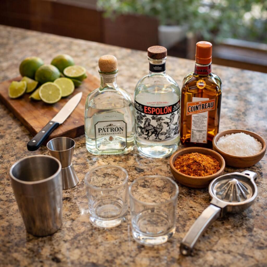 Margarita ingredients laid out, including tequila bottles fresh limes, Cointreau, and cocktail tools