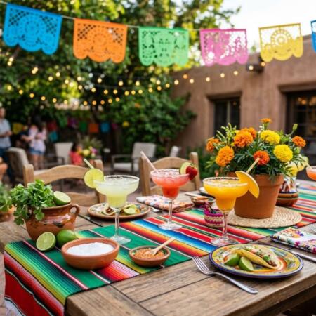 Cinco de Mayo celebration table with margaritas, tequila, and colorful Mexican decorations