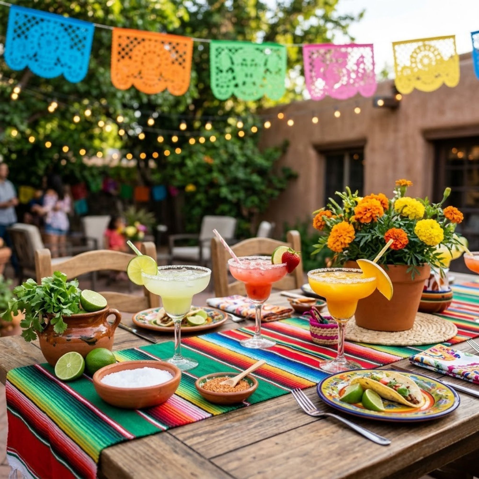 Cinco de Mayo celebration table with margaritas, tequila, and colorful Mexican decorations
