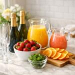 Easter brunch mimosa bar with prosecco bottles, orange juice pitchers, fresh strawberries and orange slices on white marble countertop