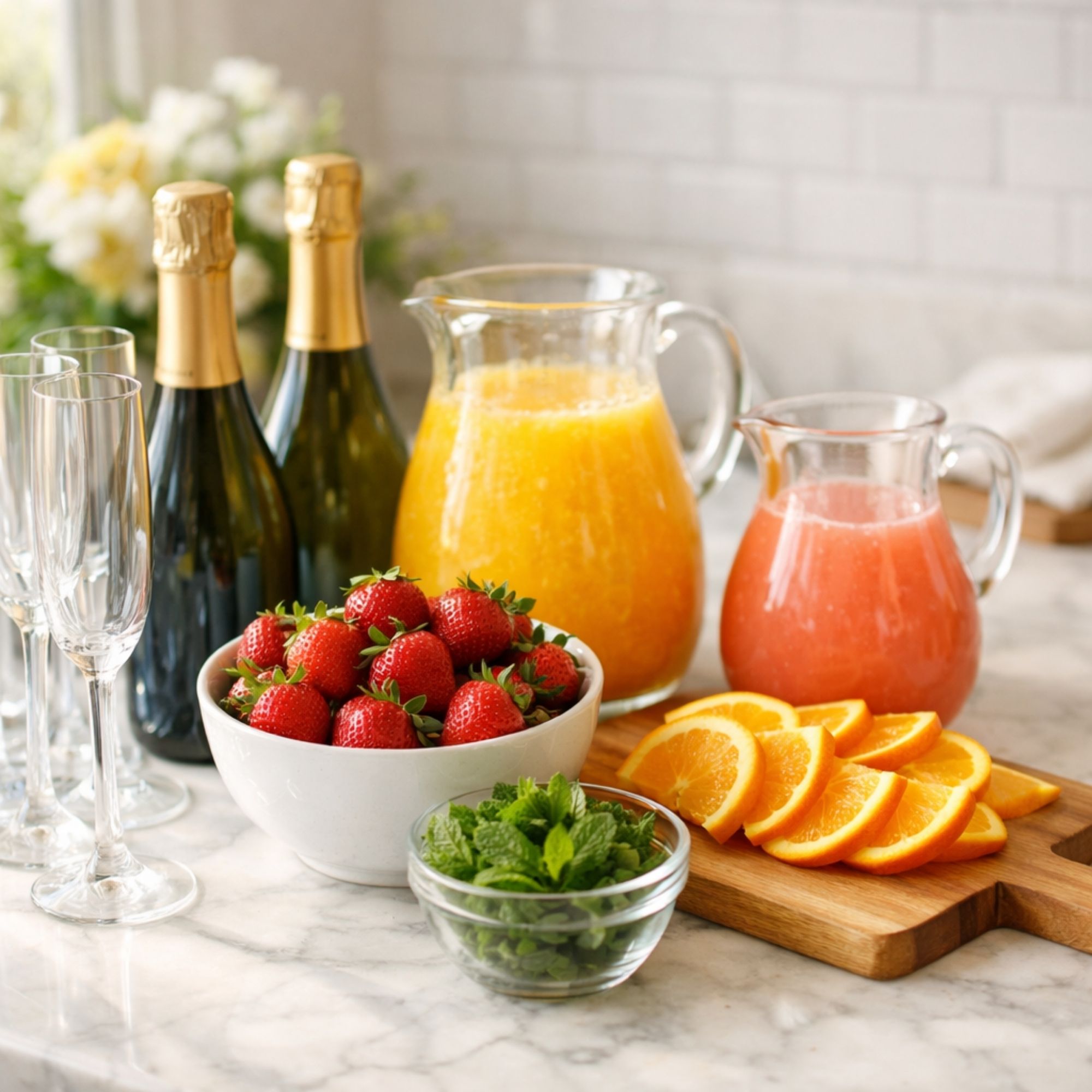 Easter brunch mimosa bar with prosecco bottles, orange juice pitchers, fresh strawberries and orange slices on white marble countertop