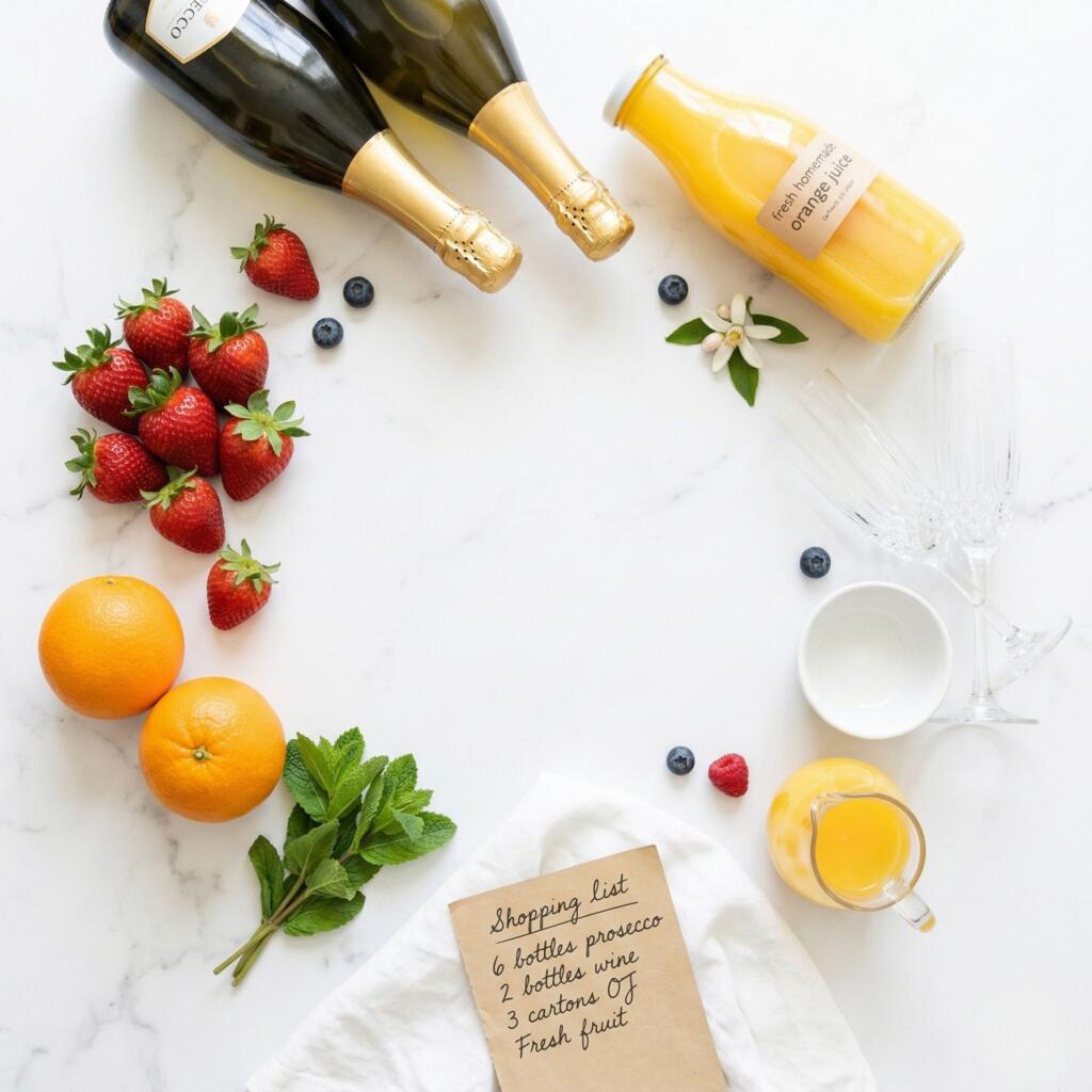 Easter brunch bar ingredients flat lay with prosecco, juice, and fresh garnishes