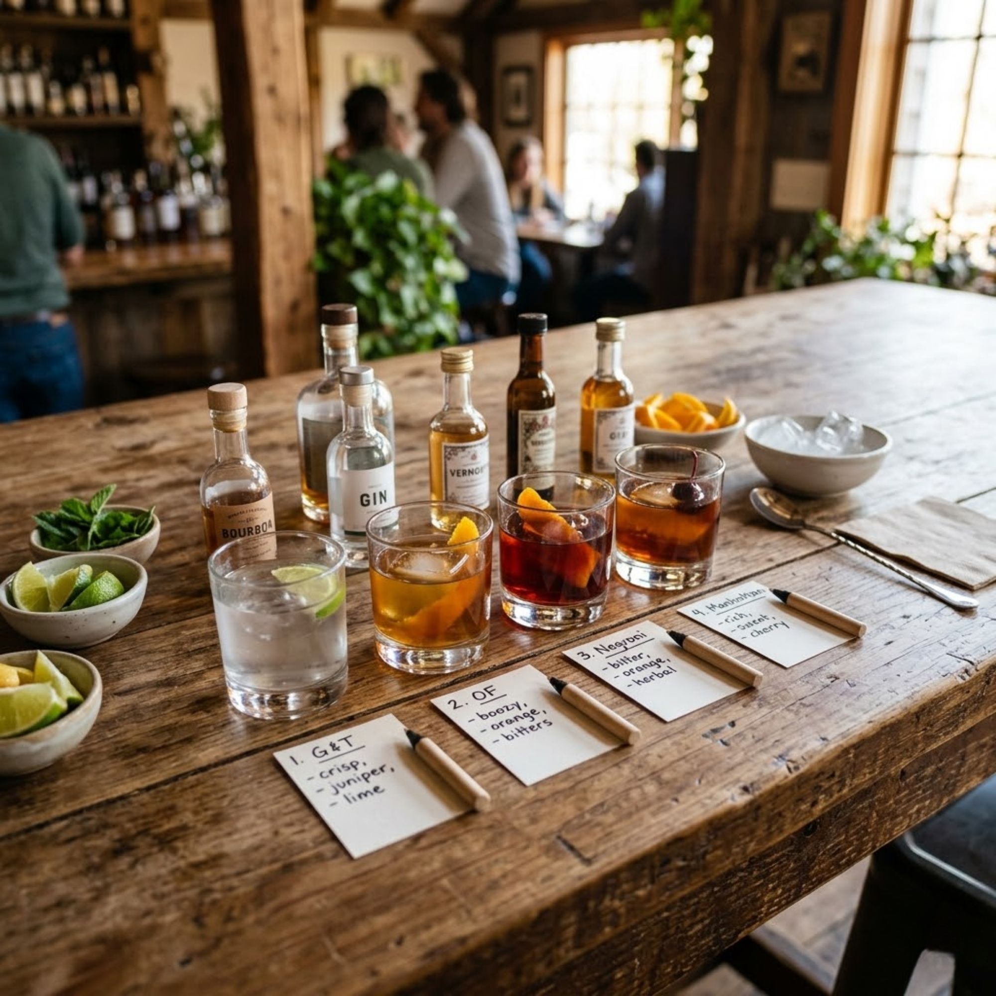 Cocktail tasting flight with miniature spirit bottles and small glasses on wood table
