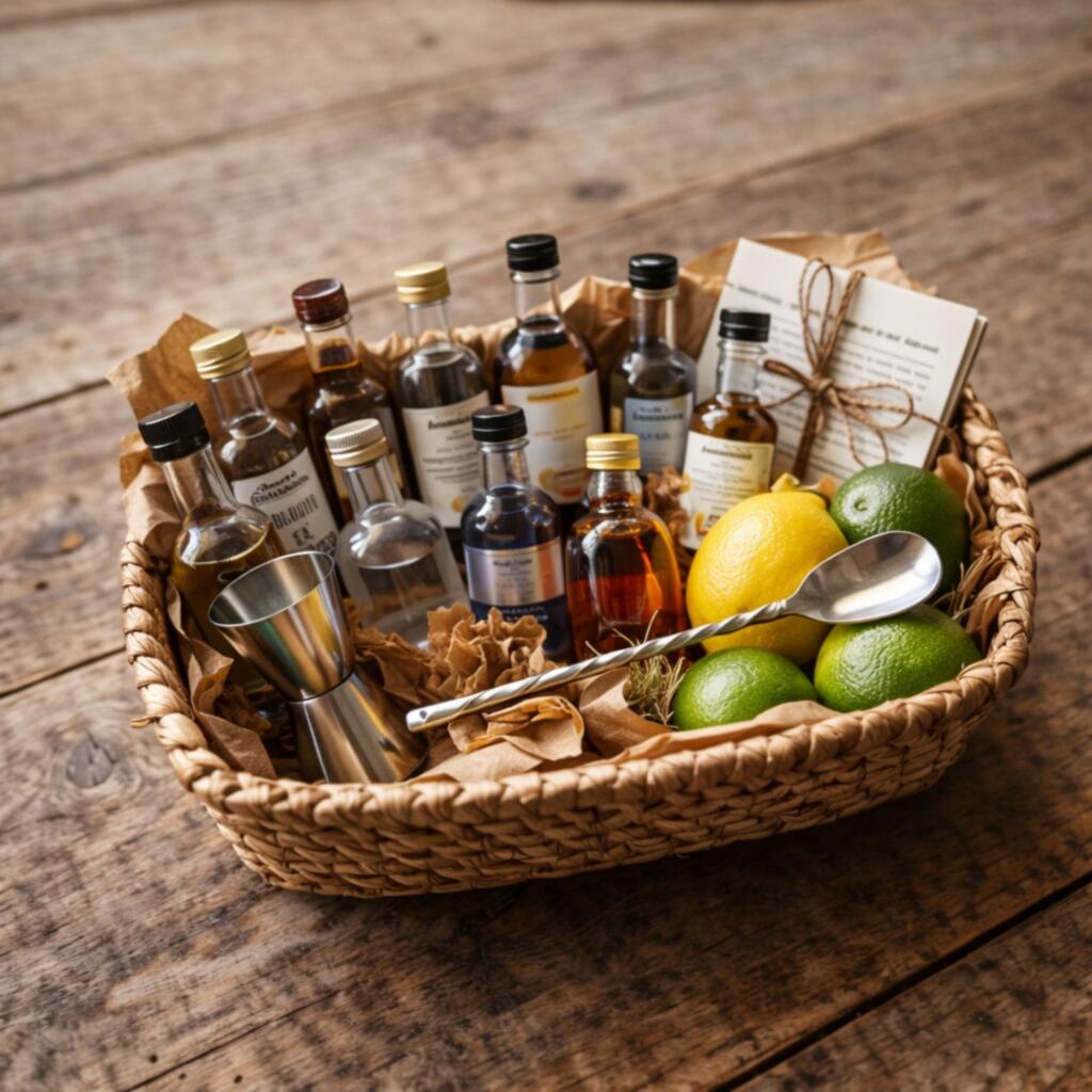 Gift basket with miniature spirit bottles cocktail tools and recipe cards