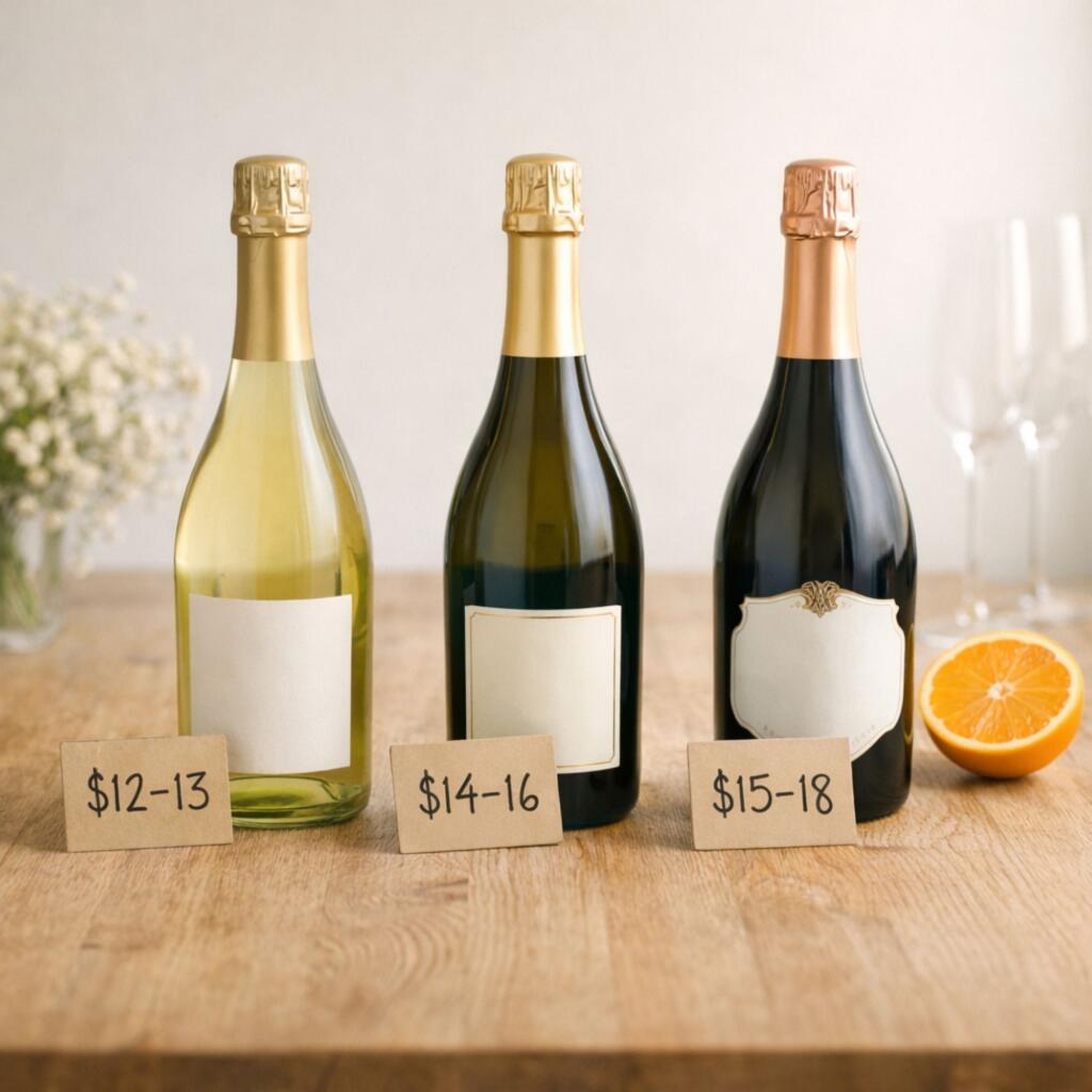 Three prosecco bottles on rustic wooden table with price tags showing budget-friendly Easter brunch options