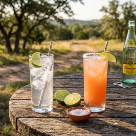 Ranch Water and Paloma tequila cocktails in highball glasses with lime garnishes on outdoor table