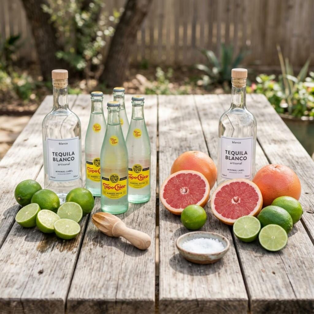 Tequila, lime, Topo Chico, grapefruit, and salt ingredients for Ranch Water and Paloma cocktails