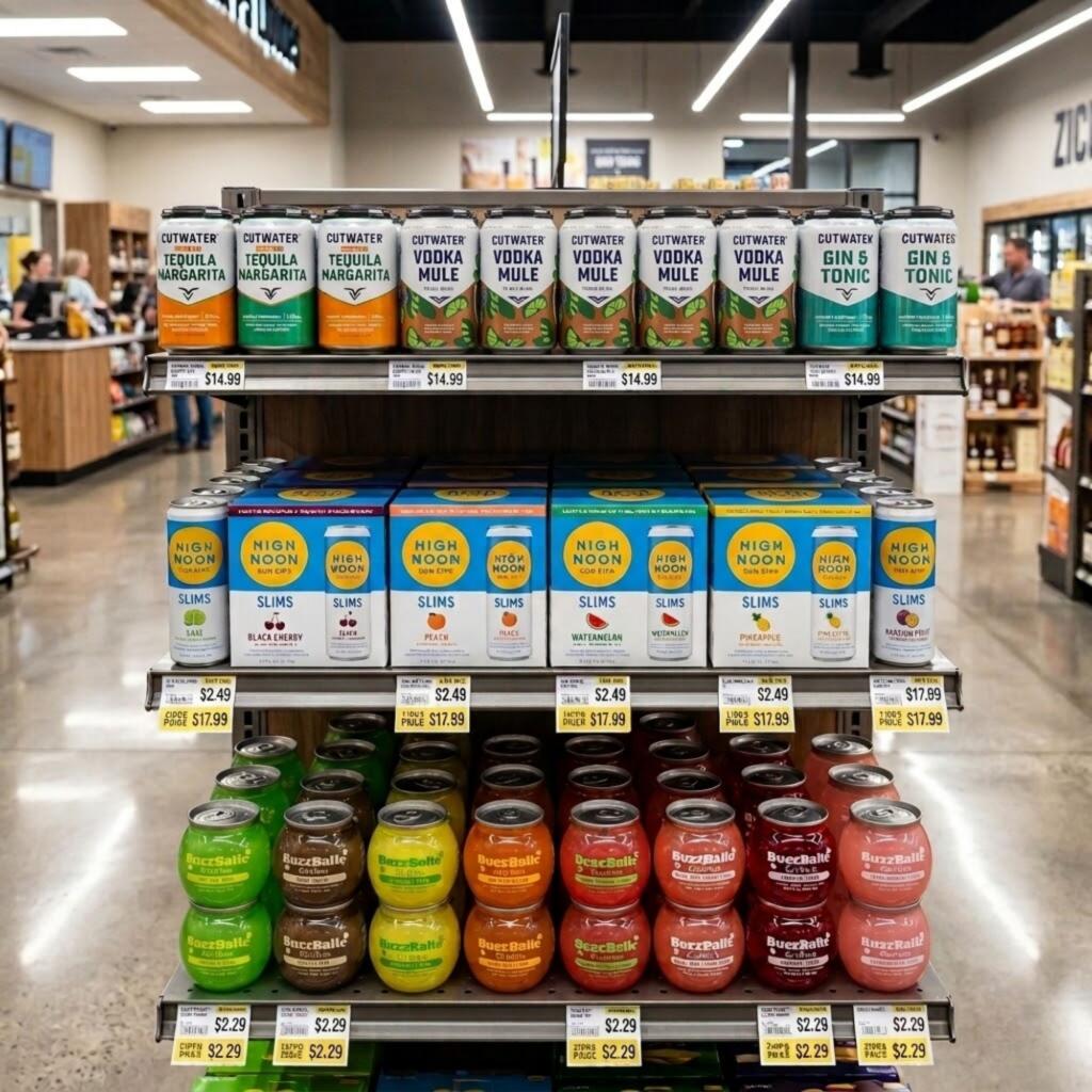 Cutwater, High Noon, and BuzzBallz RTD cocktails displayed on Zipps Liquor store shelf in Texas