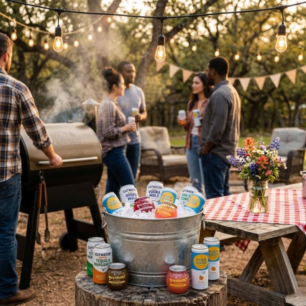 Evening Texas backyard party with RTD cocktails in galvanized bucket, string lights, and BBQ grill