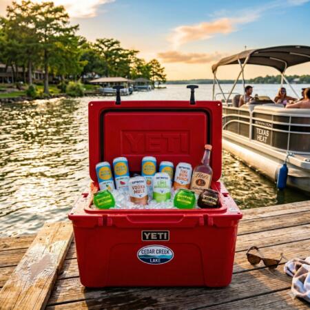Ready-to-drink cocktails on ice at Texas lake party with boats and summer sun