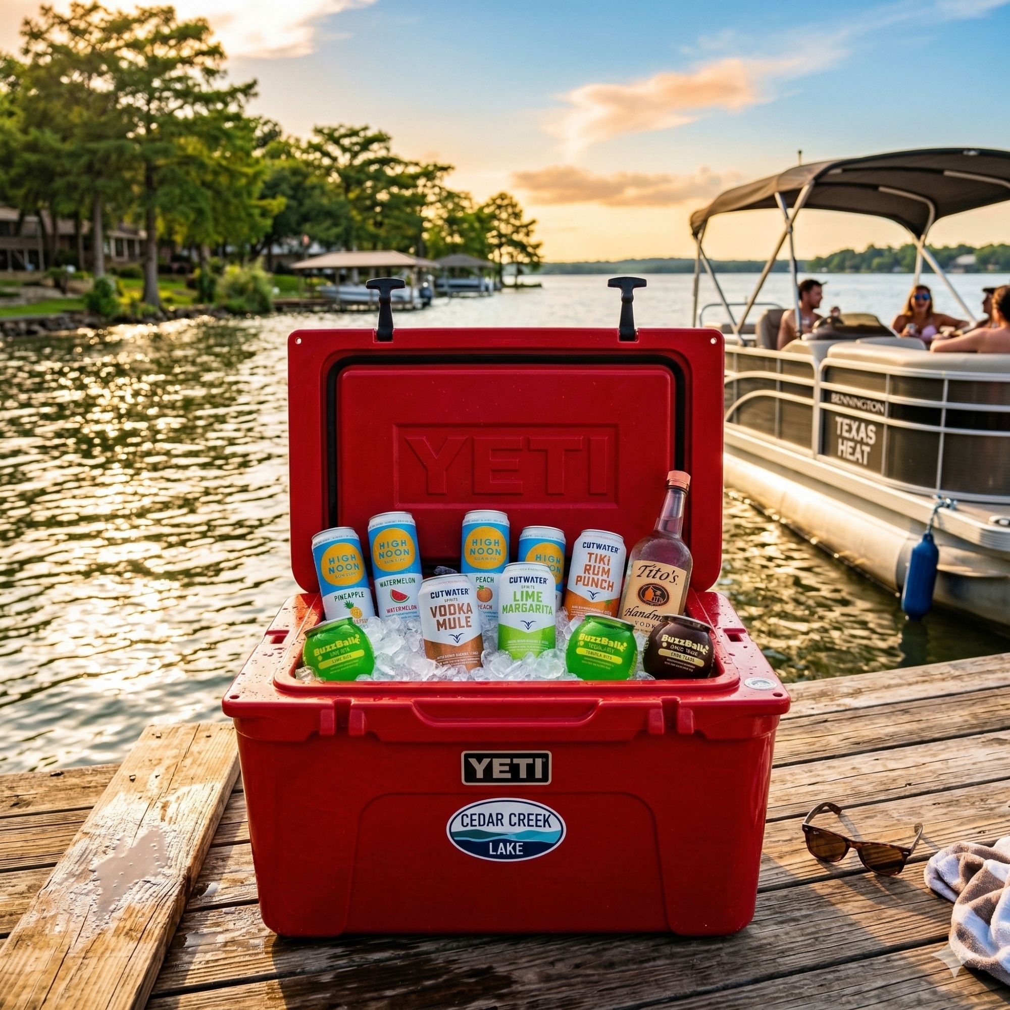 Ready-to-drink cocktails on ice at Texas lake party with boats and summer sun