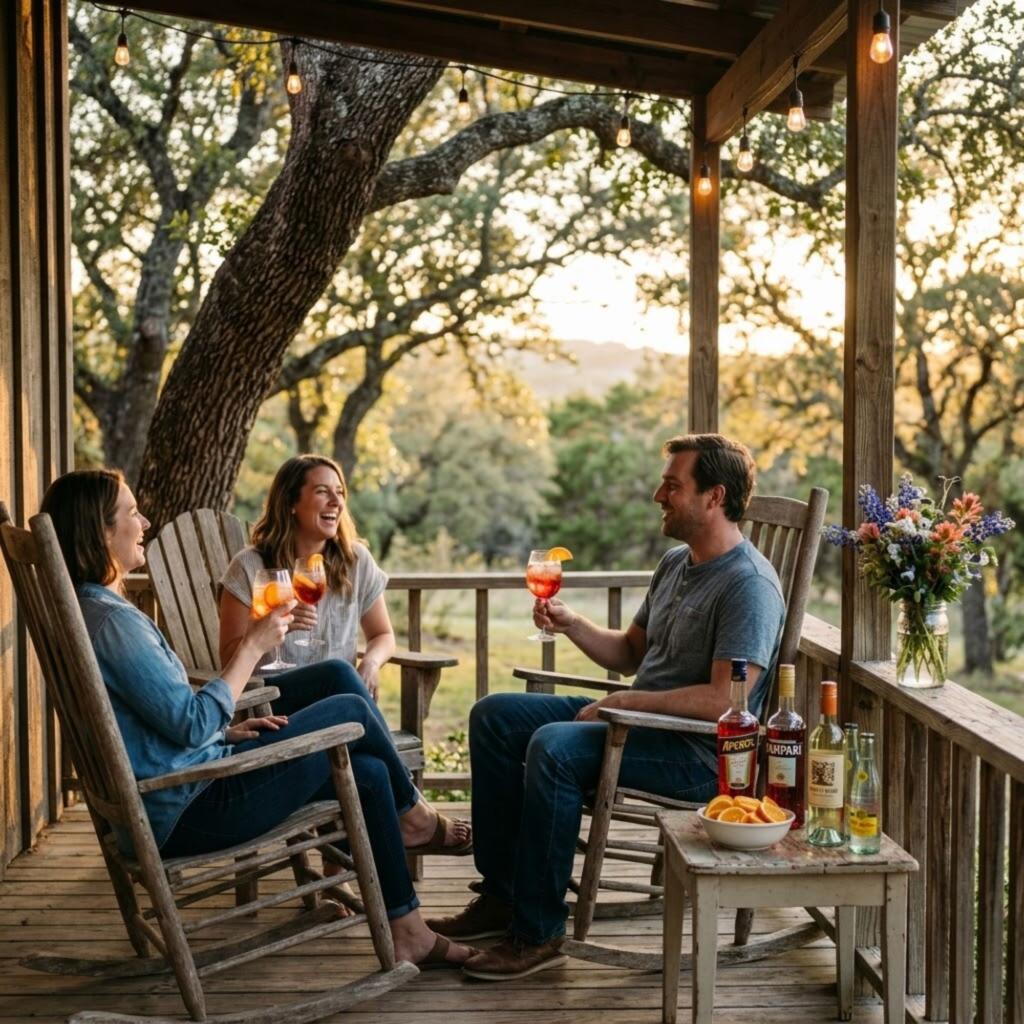 Friends enjoying aperitif spritzes on Texas porch during golden hour spring evening
