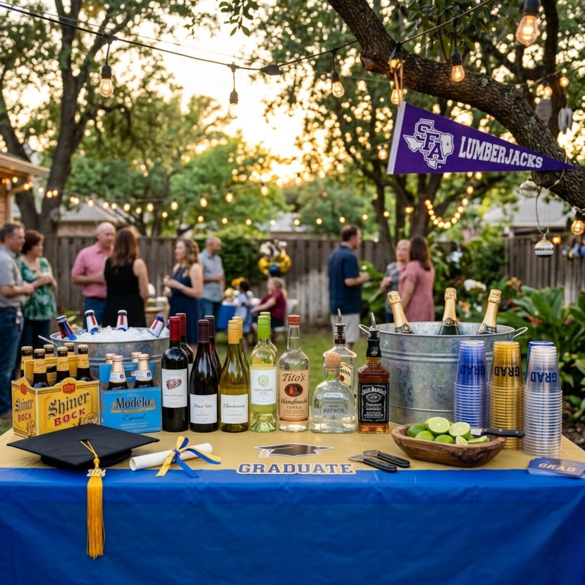 Graduation party bar with beer, wine, champagne and spirits on outdoor table with blue and gold decorations