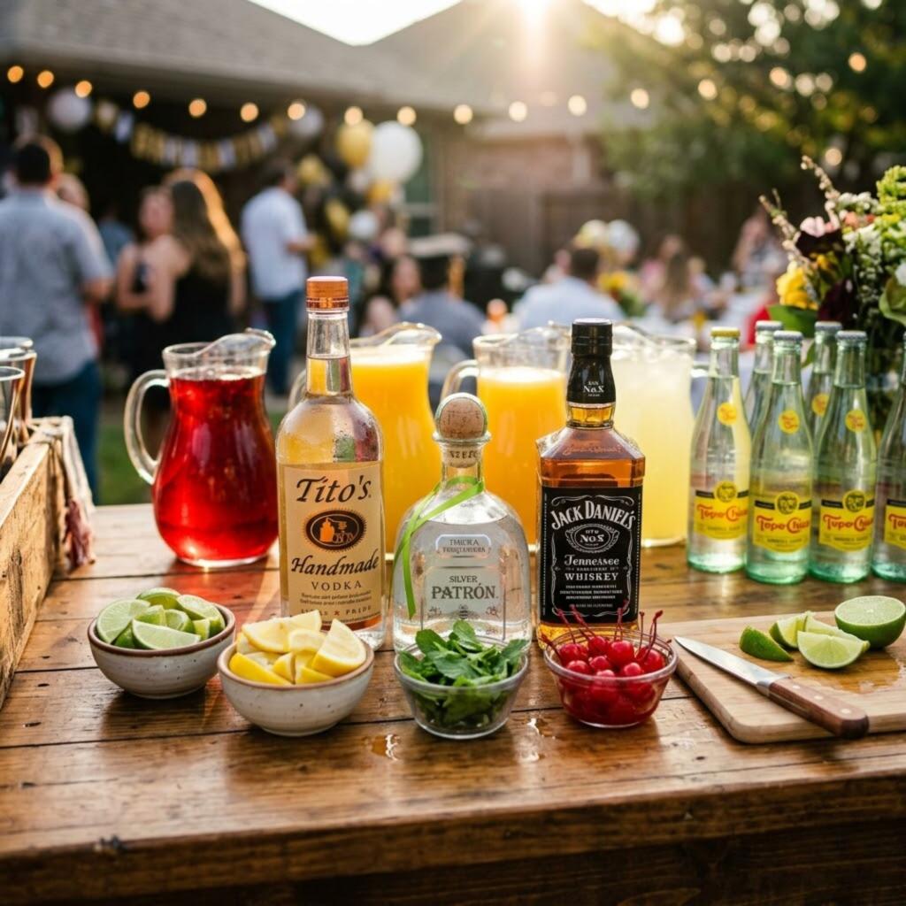 Texas Graduation Party Drinks: Bar for 50 Guests Under $200 at Zipps Spirits bottles and mixers for Texas graduation party including vodka tequila whiskey and fresh ingredients